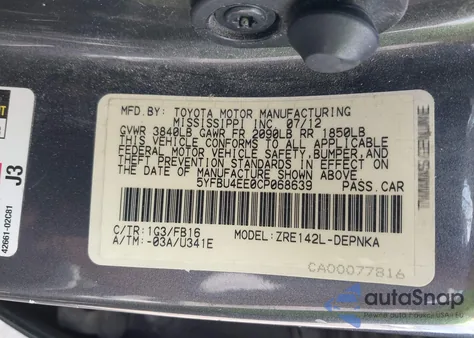 2012 Toyota Corolla Le from USA, damaged, VIN 5YFBU4EE0CP068639